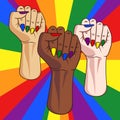 Afroamerican, asian and european raised fists with lgbt rainbow colored nails and background. Symbol for equality of people